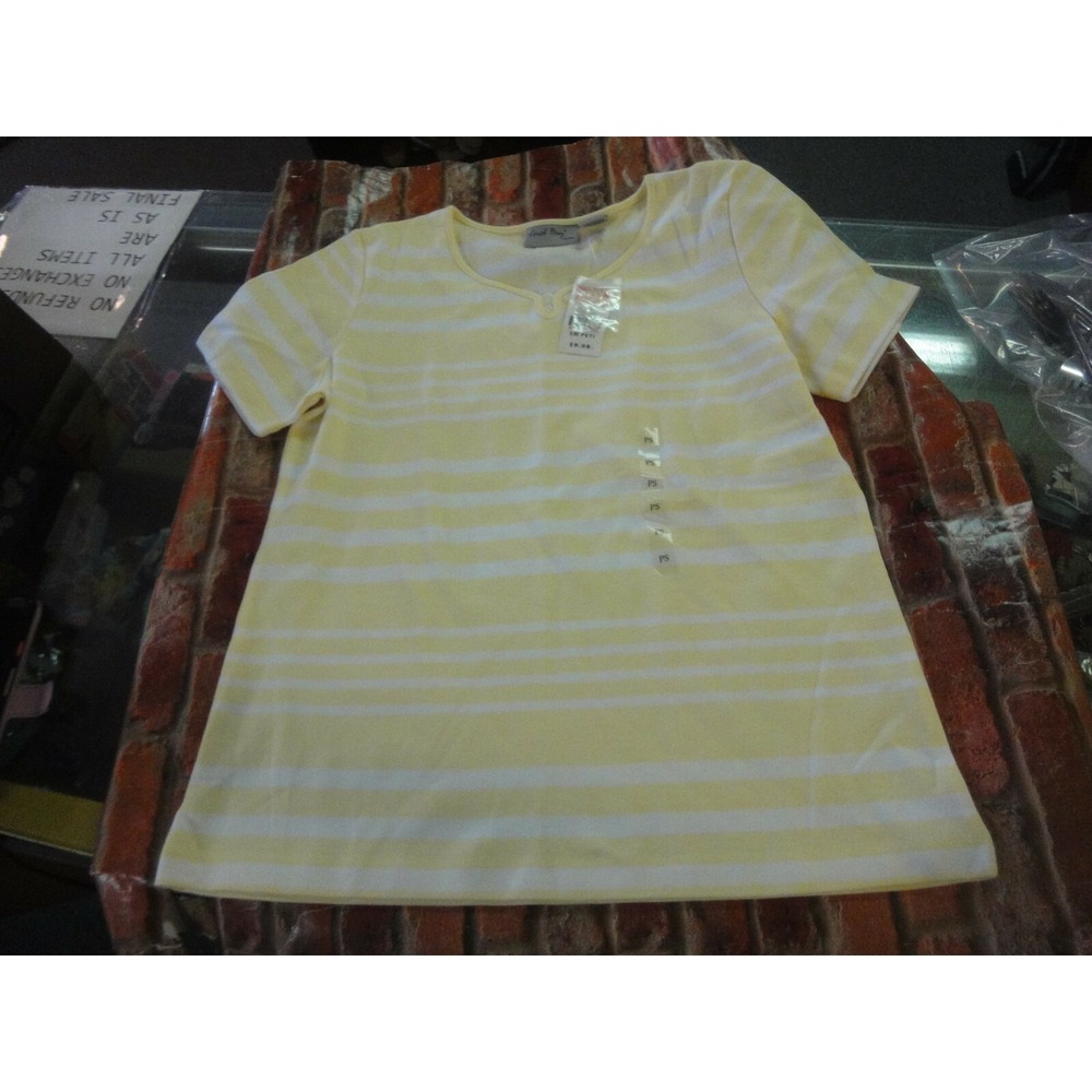 Coral Bay Petite womens PS yellow white‎ stripe short sleeve shirt top NWT